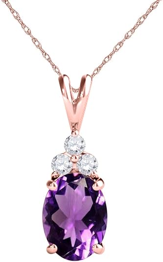 Mauli Jewels 1.25 CT Oval Natural Amethyst & White Diamond Pendant | 10K Rose, White, Yellow Gold | 18" Gold Plated Silver Chain | Antique Style Gemstone Necklace