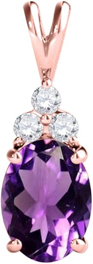 Mauli Jewels 1.25 CT Oval Natural Amethyst & White Diamond Pendant | 10K Rose, White, Yellow Gold | 18" Gold Plated Silver Chain | Antique Style Gemstone Necklace