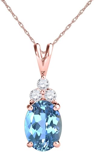 Mauli Jewels 1.25 CT Oval Natural Blue Topaz & White Diamond Pendant | 10K Rose, White, Yellow Gold | 18" Gold Plated Silver Chain | Antique Style Gemstone Necklace