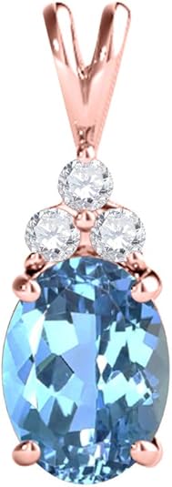 Mauli Jewels 1.25 CT Oval Natural Blue Topaz & White Diamond Pendant | 10K Rose, White, Yellow Gold | 18" Gold Plated Silver Chain | Antique Style Gemstone Necklace
