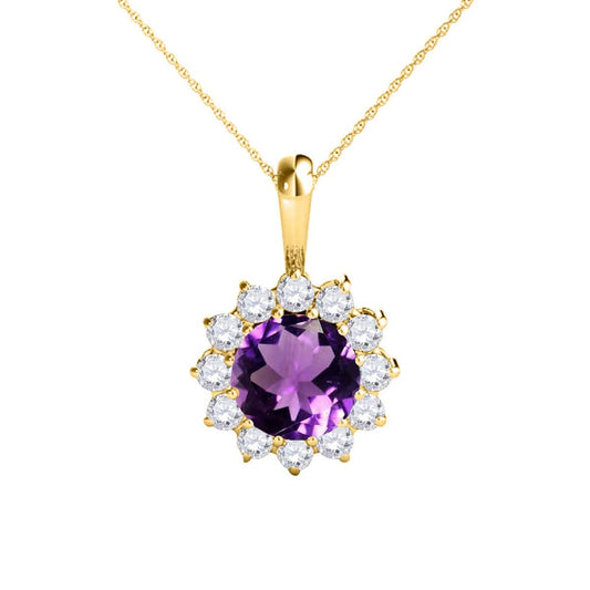 Mauli Jewels Engagement Necklace for Women 0.45 Carat Round Shaped Amethyst and Diamond Pendant 4-prong 10K Yellow Gold