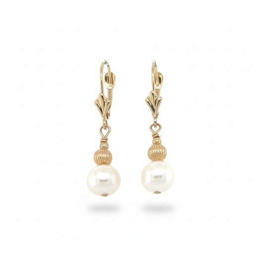 Mauli Jewels 14K Yellow Gold Leverback Earrings with Genuine 7MM White Pearl for Women | Elegant Dangle Drop Earrings, Classic Bridal Wedding Anniversary Jewelry Gift