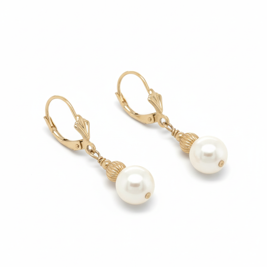 Mauli Jewels 14K Yellow Gold Leverback Earrings with Genuine 7MM White Pearl for Women | Elegant Dangle Drop Earrings, Classic Bridal Wedding Anniversary Jewelry Gift