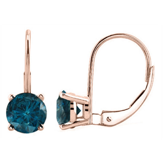 Mauli Jewels 0.60 Carat 3-Prong Round Blue Natural Diamond Martini Leverback Earrings for Women in 14K Gold
