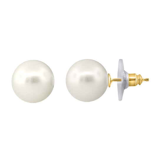 Mauli Jewels Women's 12MM Freshwater Cultured Pearl Stud Earrings in 14K Gold Plated Silver with Secure Push Backs