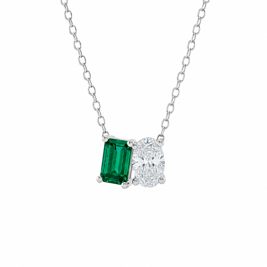 Mauli Jewels Toi Et Moi Pendant Necklace for Women in 14K White & Yellow Gold, 2.00 CTW Lab Created Emerald and Lab Grown Oval Cut Diamond Pendant, EF VS1 Diamond Necklace with 18 Inch Gold Chain - Mauli Jewels