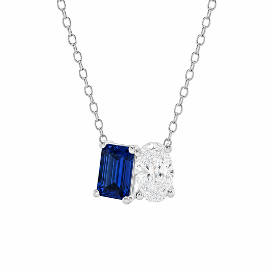 Mauli Jewels Toi Et Moi Pendant Necklace for Women in 14K White & Yellow Gold, 2.00 CTW Emerald Cut Lab Created Sapphire and Lab Grown Oval Cut Diamond Necklace with 18" Gold Chain