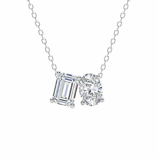 Mauli Jewels Toi Et Moi Lab Grown Diamond Pendant Necklace for Women in 14K White and Yellow Gold, 2 CT Emerald and Oval Cut Pendant with 18 Inch Cable Chain - Mauli Jewels