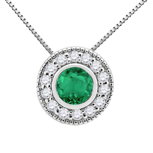 Mauli Jewels Engagement Necklace for Women 0.40 Carat Round Shaped Emerald and Diamond Pendant 4-prong 10K White Gold