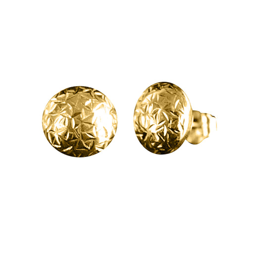 14K Solid Yellow Gold Flat Ball Stud Earrings with Crystal Cut Detail Mauli Jewels