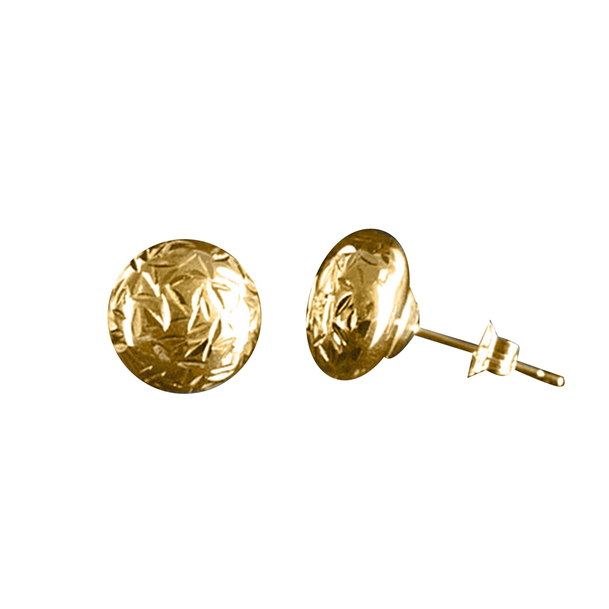 14K Solid Yellow Gold Flat Ball Stud Earrings with Crystal Cut Detail Mauli Jewels