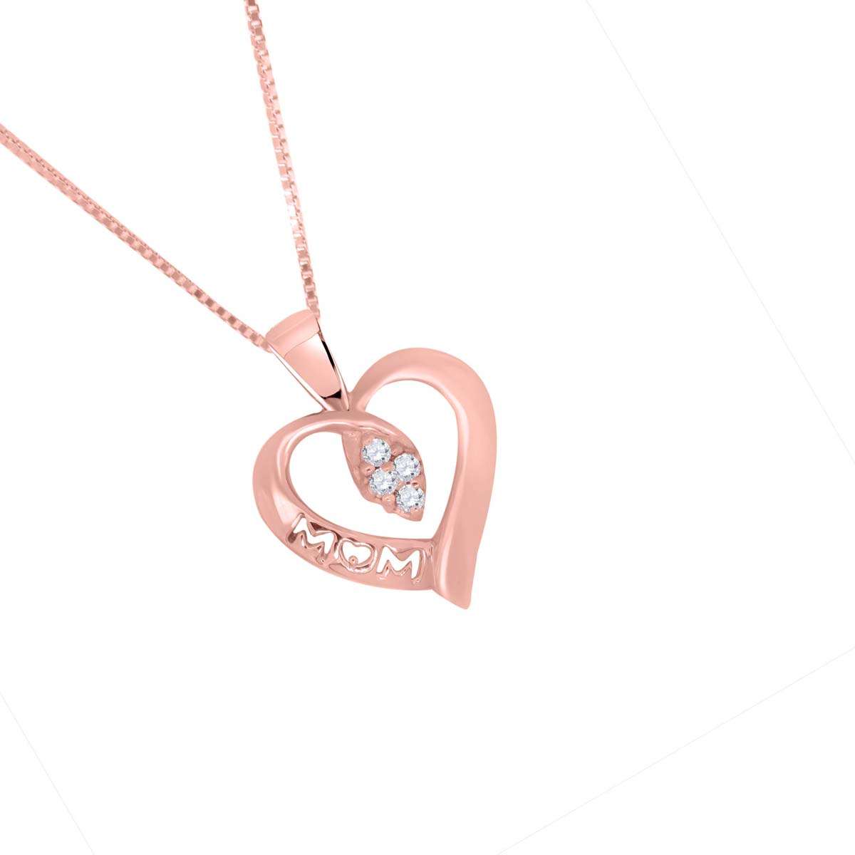 0.06 Carat Diamond Heart Shape Mom Pendant Necklace For Women In 10K Rose White & Yellow Gold With Box Chain Mauli Jewels