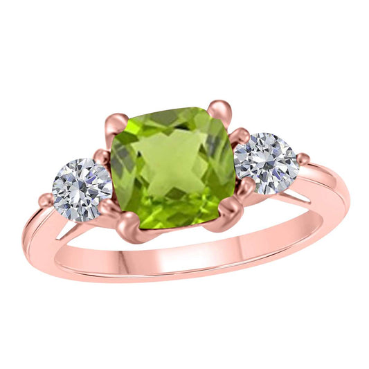 2.20 Carat Cushion Cut Peridot and White Diamond Gemstone Engagement Ring in 14K Solid Rose, White & Yellow Gold Mauli Jewels