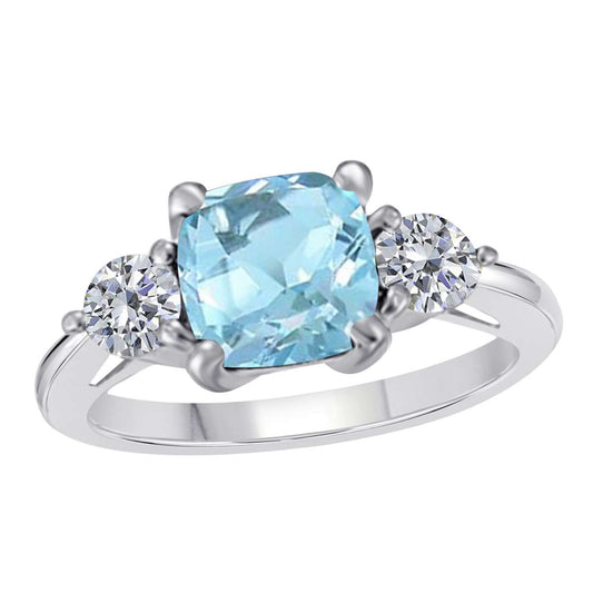 2.20 Carat Cushion-Cut Aquamarine and White Diamond Engagement Ring in 14K Solid Rose, White & Yellow Gold Mauli Jewels