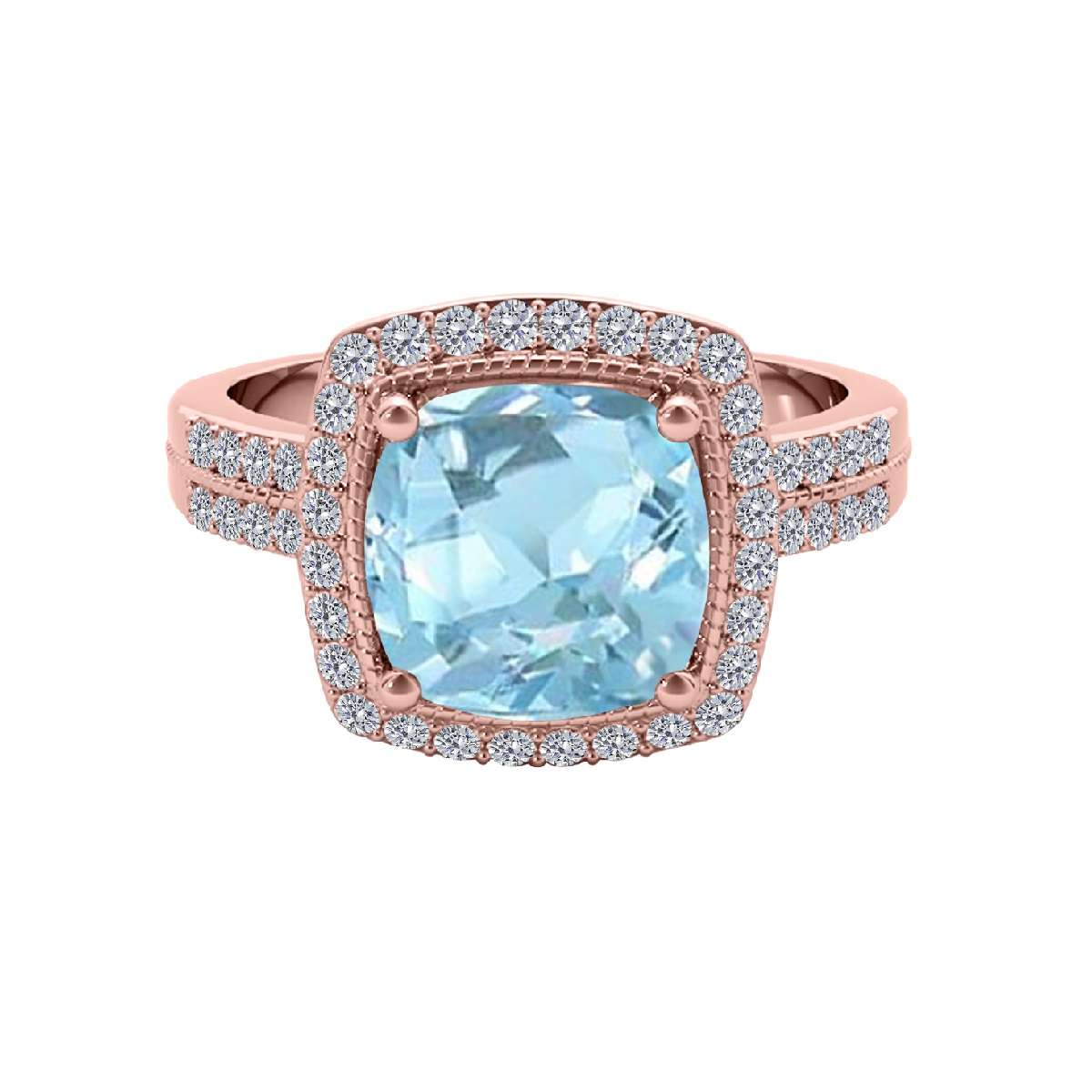 2.60 Carat Cushion Cut Aquamarine and White Diamond Gemstone Rings for Women in 14K Rose, White & Yellow Gold Mauli Jewels