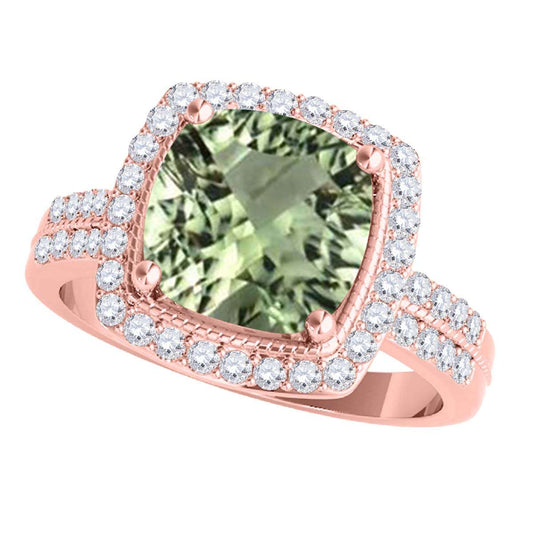 2.60 Carat Cushion Cut Green Amethyst and Natural Diamond Gemstone Rings for Women in 14K Rose, White & Yellow Gold Mauli Jewels