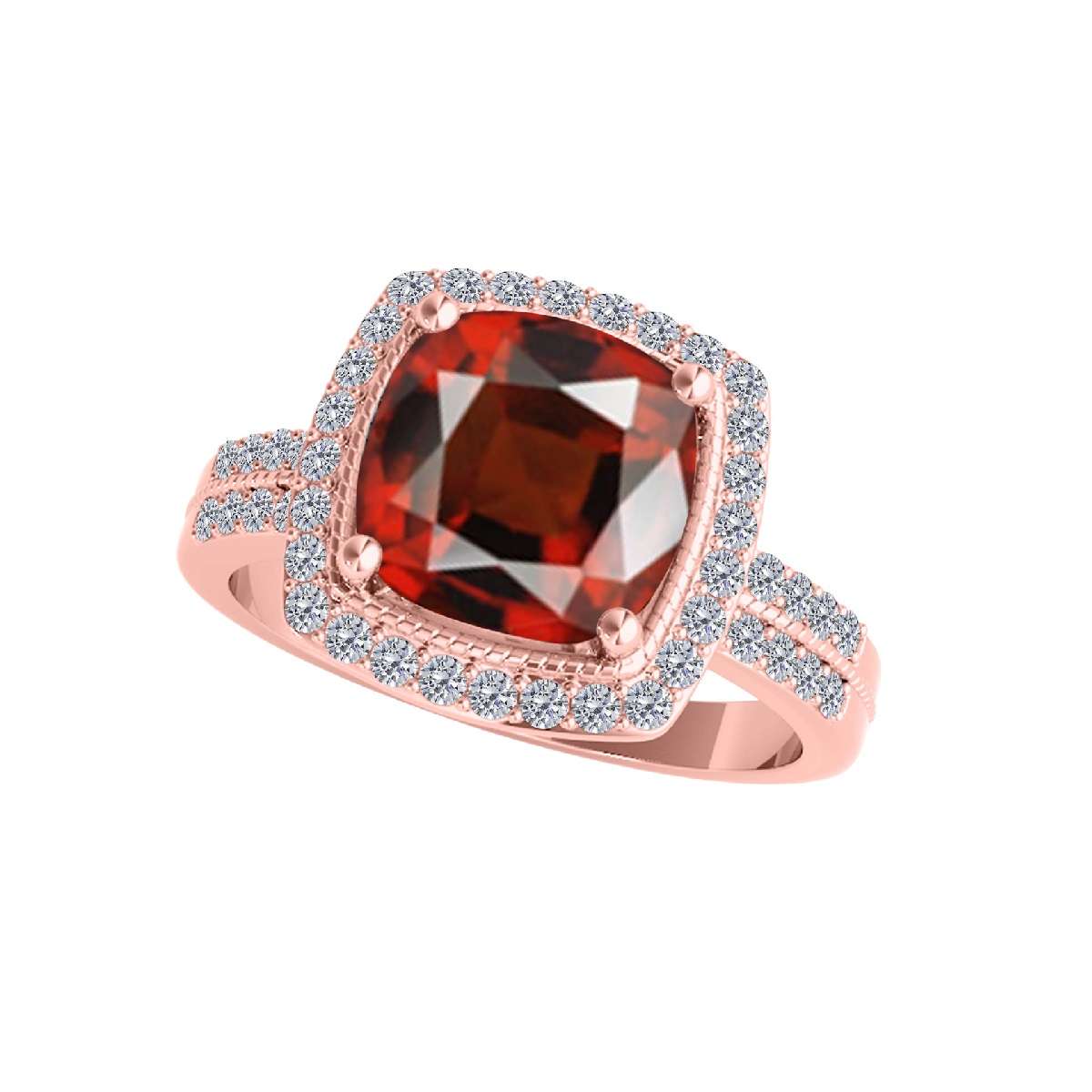 2.60 Carat 8MM Cushion Cut Garnet and Diamond Gemstone Ring for Women in 14K Rose, White & Yellow Gold Mauli Jewels