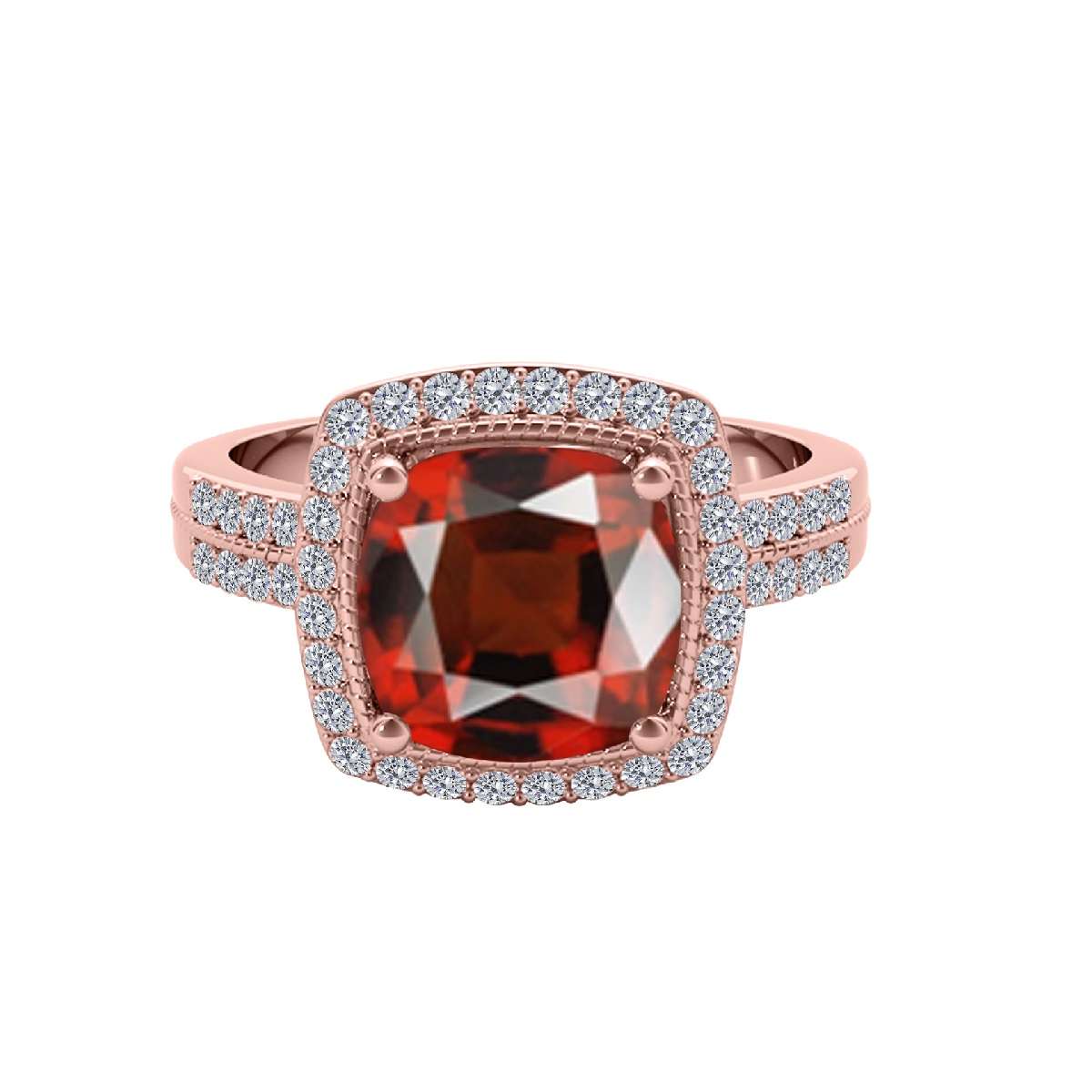 2.60 Carat 8MM Cushion Cut Garnet and Diamond Gemstone Ring for Women in 14K Rose, White & Yellow Gold Mauli Jewels
