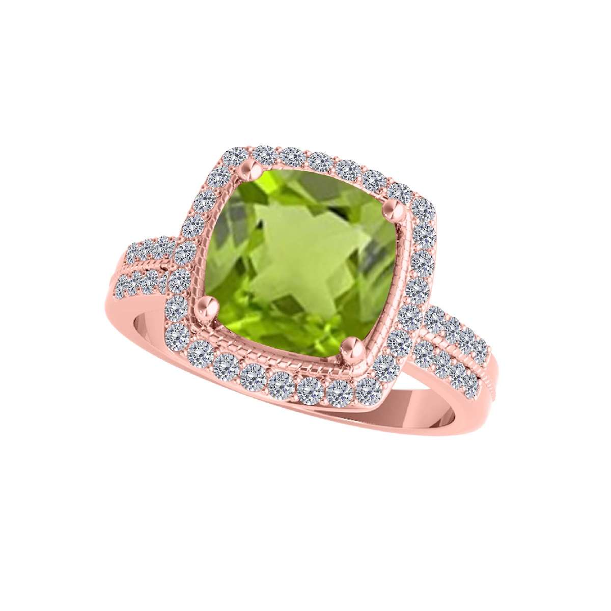 2.60 Carat Cushion Cut Peridot and Round White Diamond Gemstone Rings for Women in 14K Rose, White & Yellow Gold Mauli Jewels