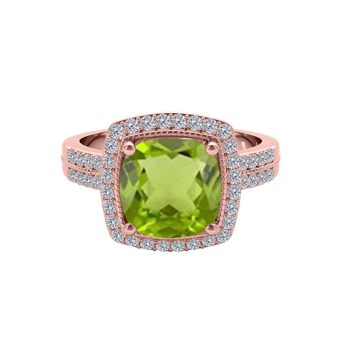 2.60 Carat Cushion Cut Peridot and Round White Diamond Gemstone Rings for Women in 14K Rose, White & Yellow Gold Mauli Jewels