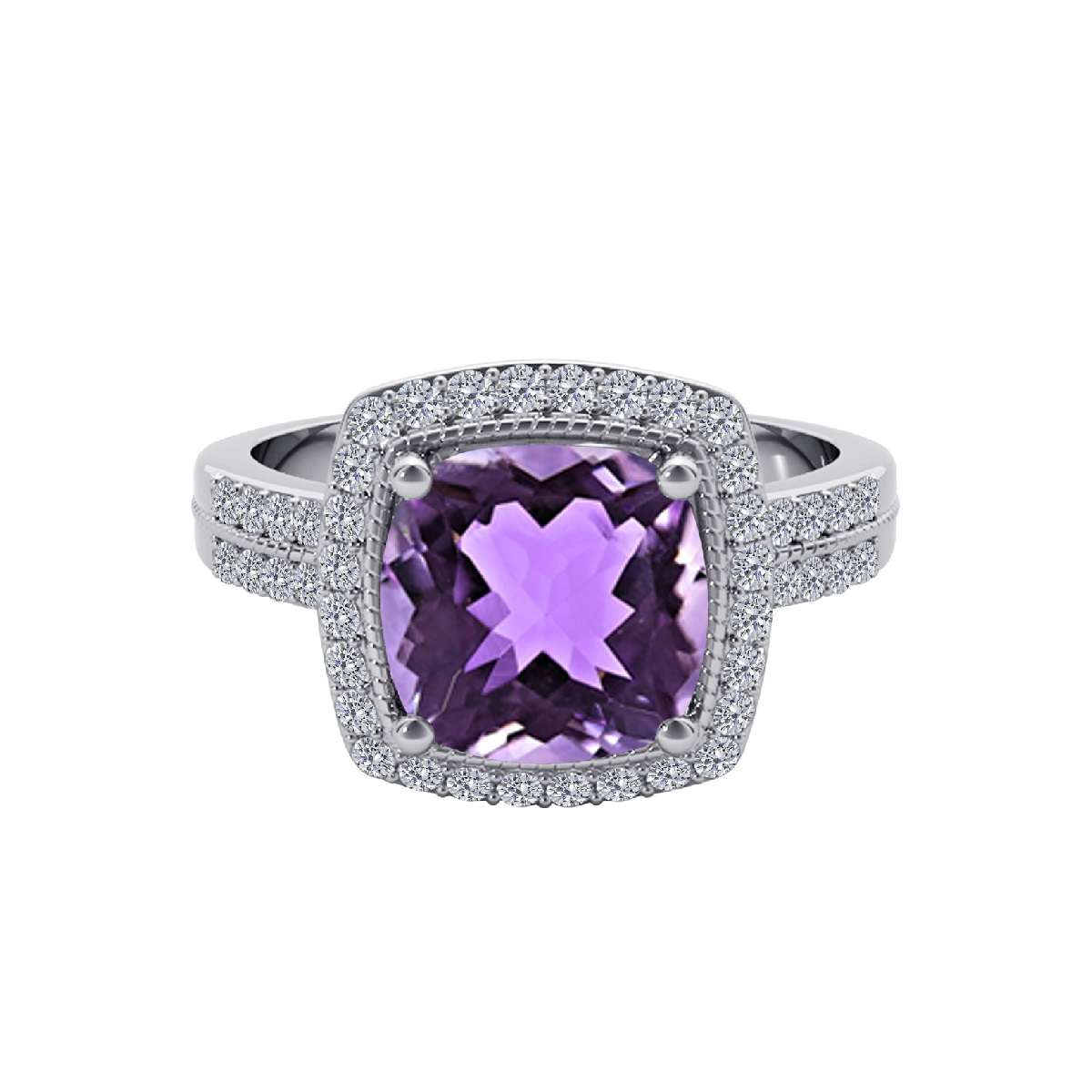 14K Rose White & Yellow Gold 2.60 Carat Cushion Cut Amethyst And White Diamond Ring For Women Mauli Jewels