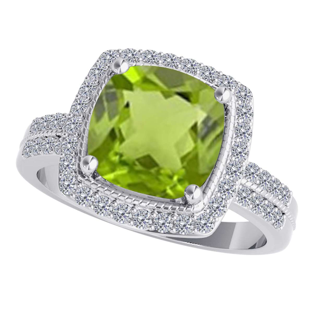 2.60 Carat Cushion Cut Peridot and Round White Diamond Gemstone Rings for Women in 14K Rose, White & Yellow Gold Mauli Jewels