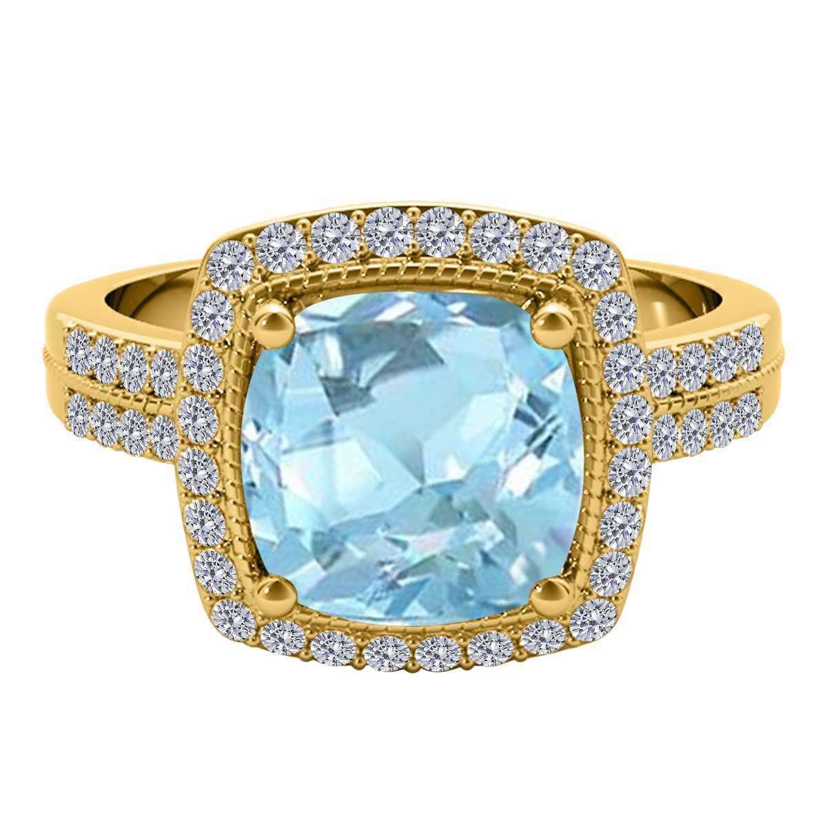 2.60 Carat Cushion Cut Aquamarine and White Diamond Gemstone Rings for Women in 14K Rose, White & Yellow Gold Mauli Jewels