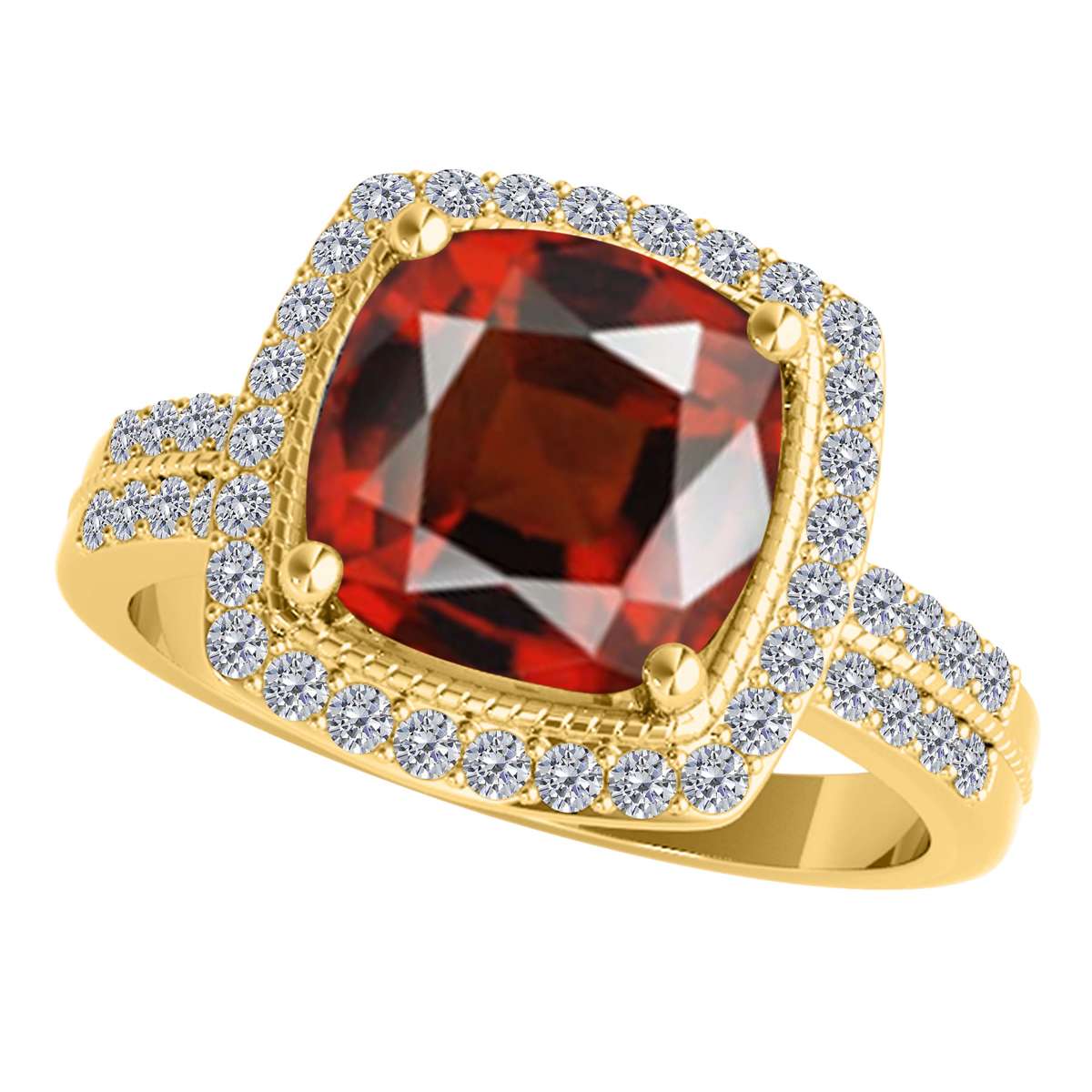 2.60 Carat 8MM Cushion Cut Garnet and Diamond Gemstone Ring for Women in 14K Rose, White & Yellow Gold Mauli Jewels
