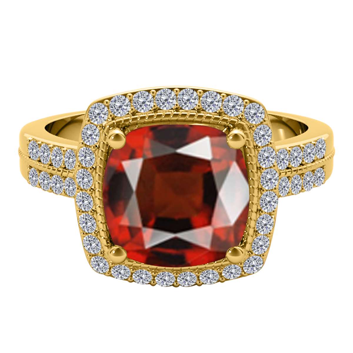 2.60 Carat 8MM Cushion Cut Garnet and Diamond Gemstone Ring for Women in 14K Rose, White & Yellow Gold Mauli Jewels