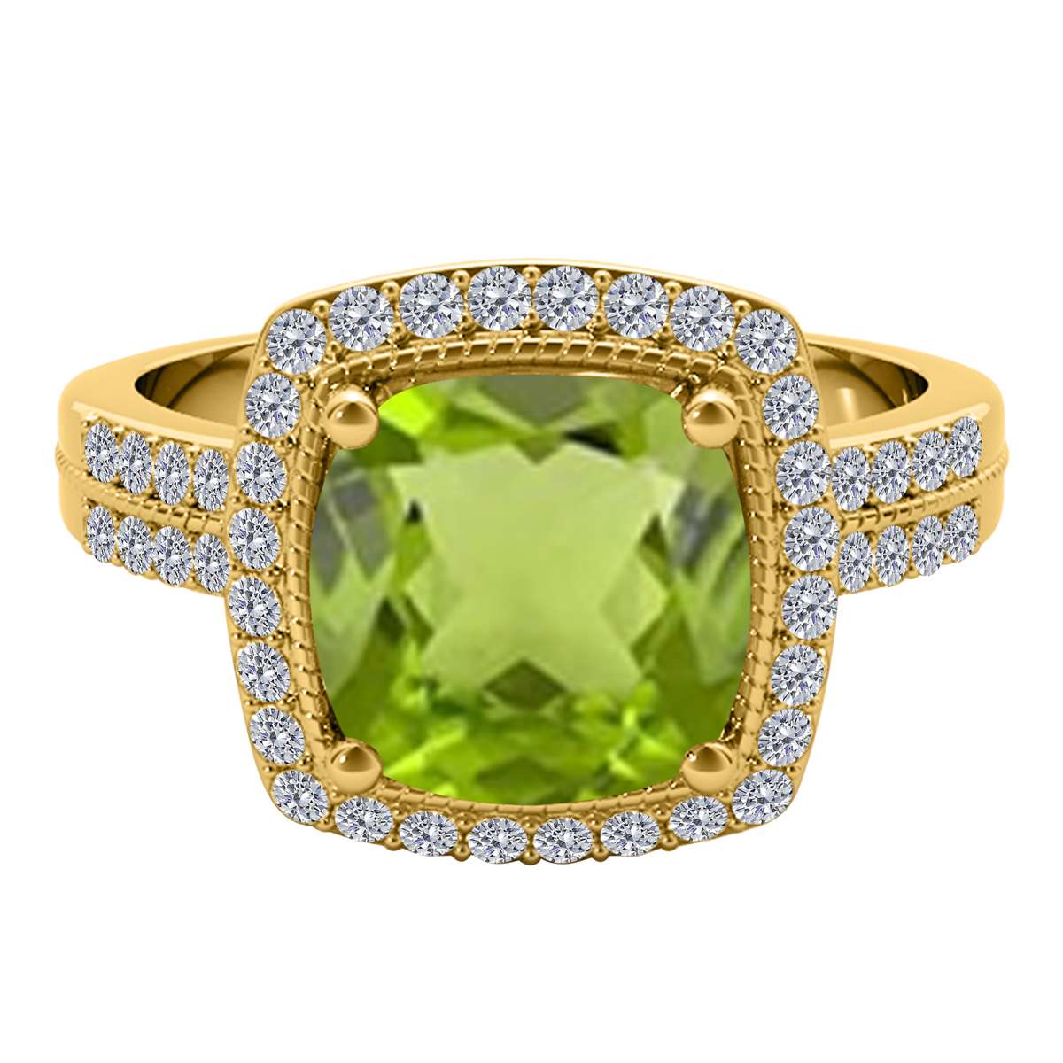 2.60 Carat Cushion Cut Peridot and Round White Diamond Gemstone Rings for Women in 14K Rose, White & Yellow Gold Mauli Jewels