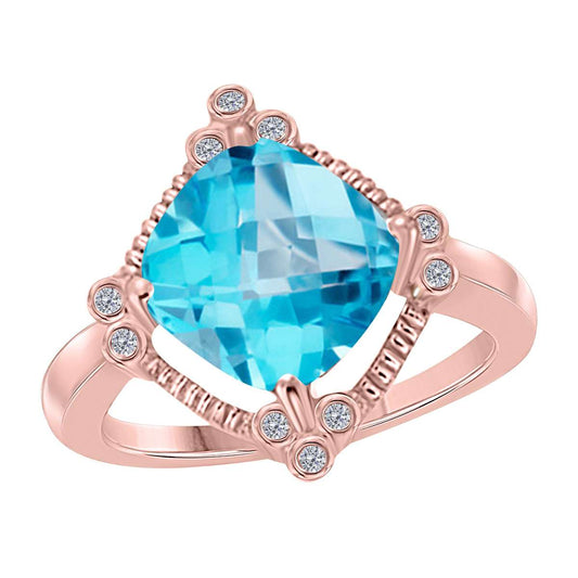 2.85 Carat Cushion Cut Blue Topaz & Bezel Set White Diamond Gemstone Ring for Women in 10K Rose, White & Yellow Gold Mauli Jewels