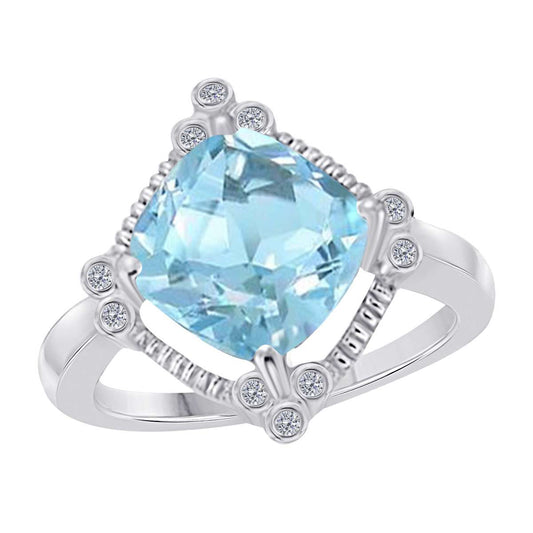 2.85 Carat Cushion Cut Aquamarine & Bezel Set White Diamond Gemstone Ring for Women in 10K Rose, White & Yellow Gold Mauli Jewels