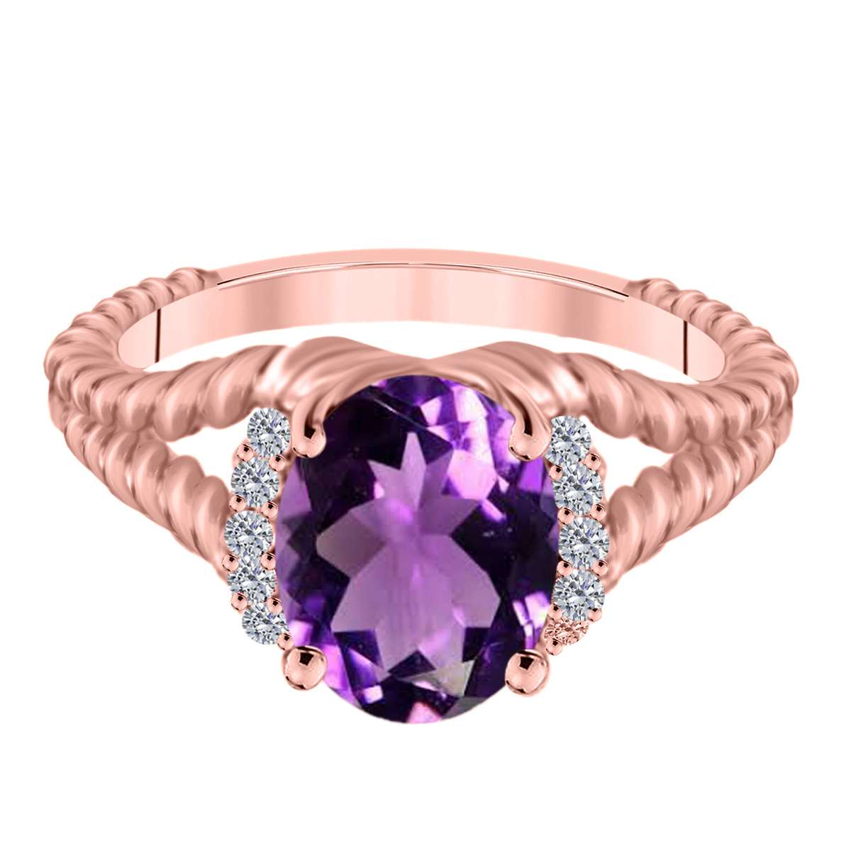 Mauli Jewels 1.85 Carat Diamond and Oval-Shaped Amethyst Gemstone Split Shank Rope Design Ring in 10K White, Rose, and Yellow Gold Mauli Jewels