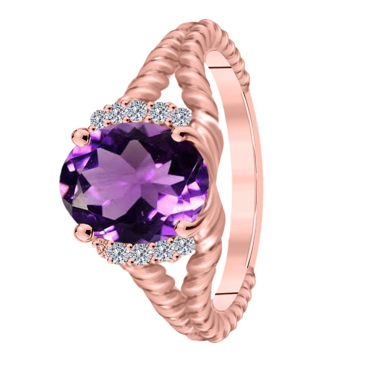 Mauli Jewels 1.85 Carat Diamond and Oval-Shaped Amethyst Gemstone Split Shank Rope Design Ring in 10K White, Rose, and Yellow Gold Mauli Jewels