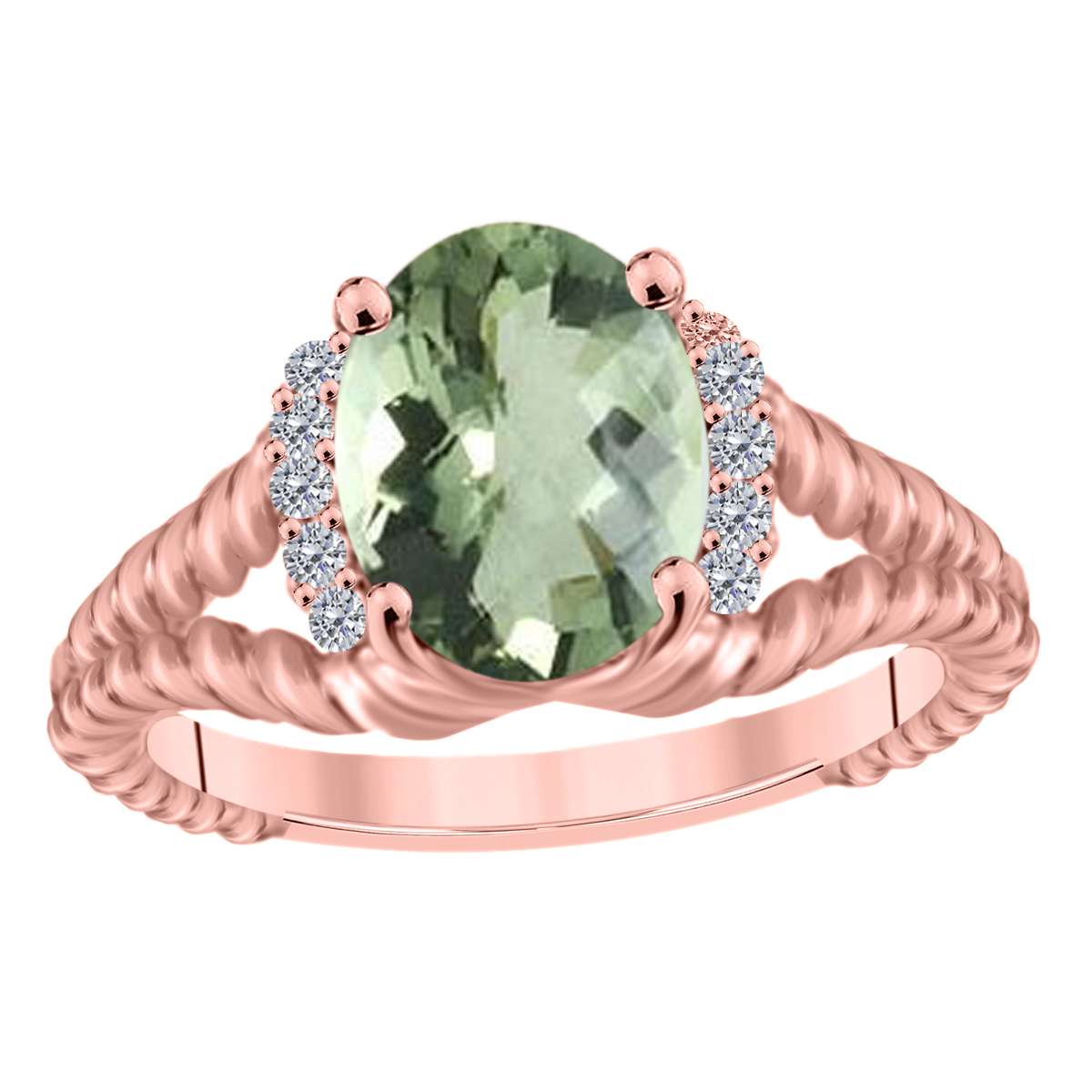 MAULIJEWELS 1.85 Carat Diamond and Oval Green Amethyst Gemstone Ring in 10K White, Rose, & Yellow Gold Mauli Jewels