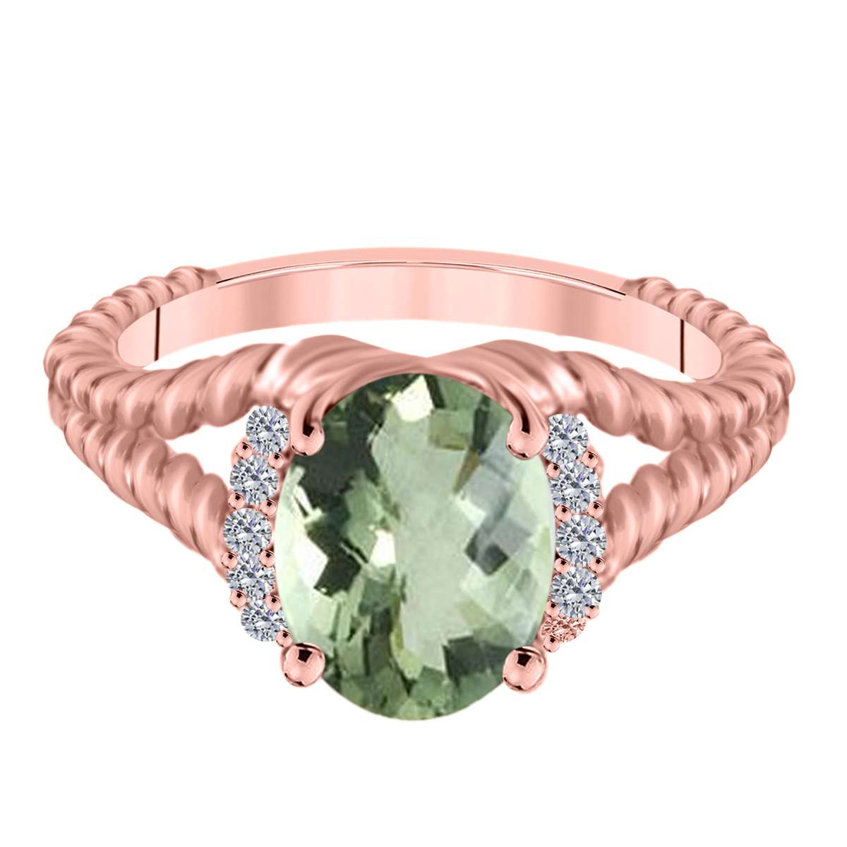 MAULIJEWELS 1.85 Carat Diamond and Oval Green Amethyst Gemstone Ring in 10K White, Rose, & Yellow Gold Mauli Jewels