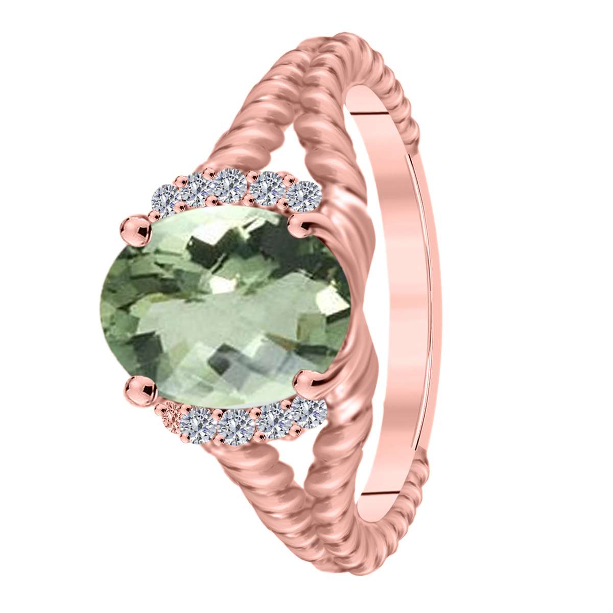 MAULIJEWELS 1.85 Carat Diamond and Oval Green Amethyst Gemstone Ring in 10K White, Rose, & Yellow Gold Mauli Jewels