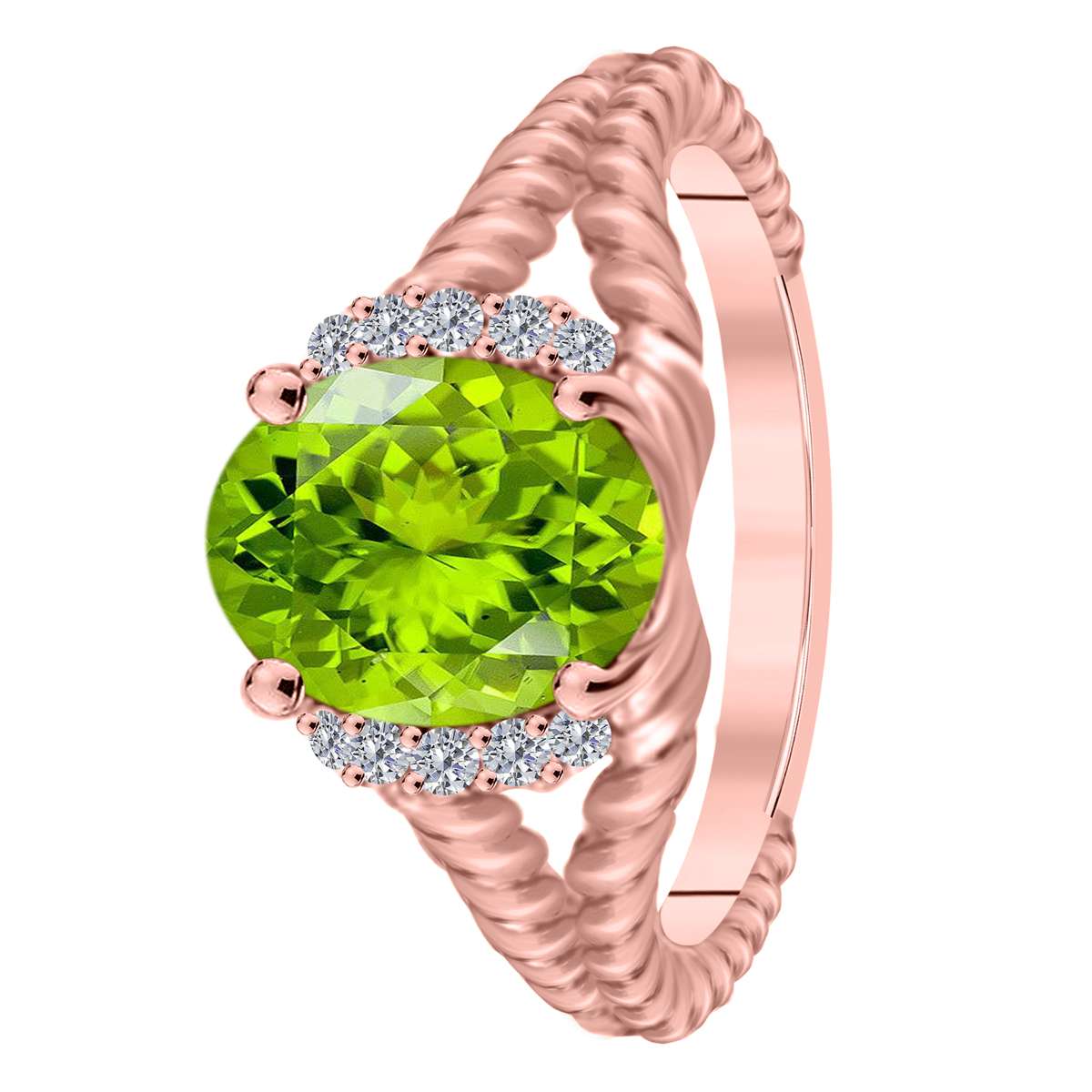 Mauli Jewels 1.85 Carat Diamond and Oval-Shaped Peridot Gemstone Split Shank Rope Design Ring in 10K White, Rose, and Yellow Gold Mauli Jewels