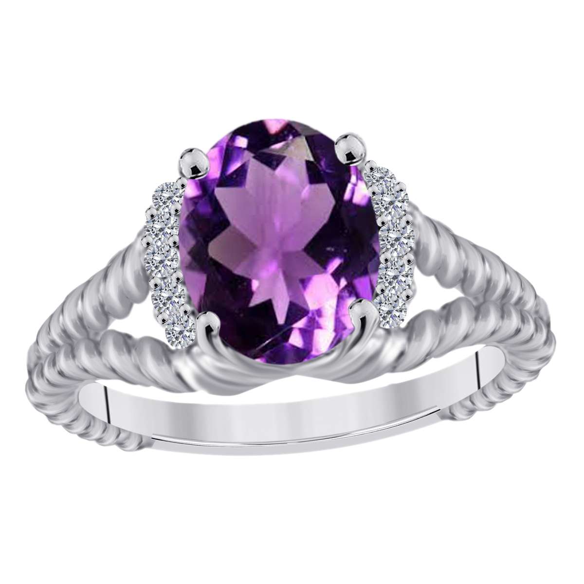 Mauli Jewels 1.85 Carat Diamond and Oval-Shaped Amethyst Gemstone Split Shank Rope Design Ring in 10K White, Rose, and Yellow Gold Mauli Jewels