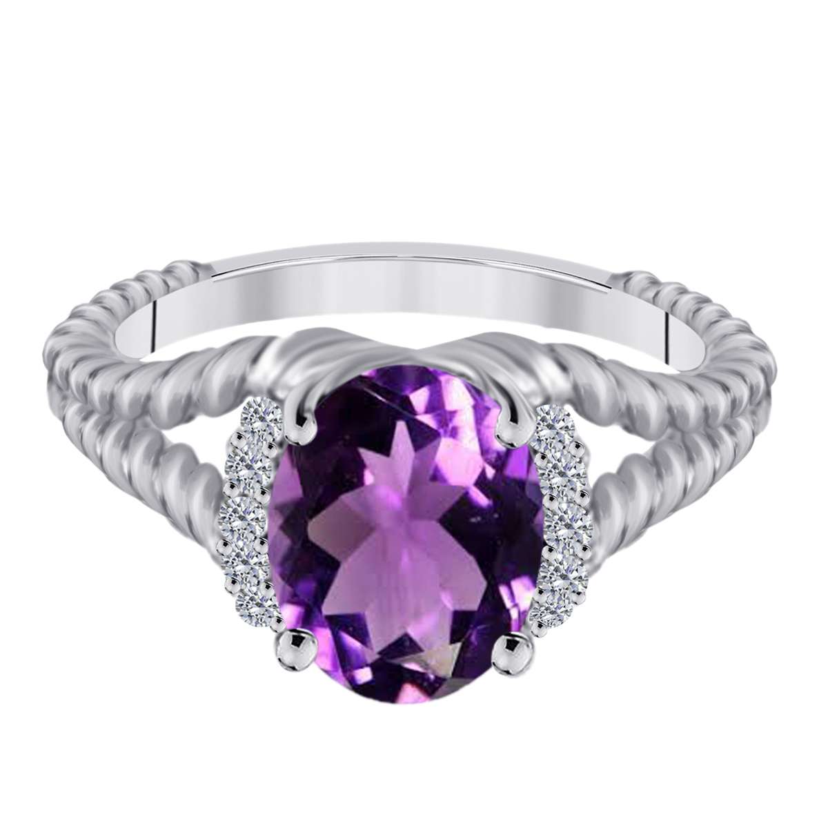 Mauli Jewels 1.85 Carat Diamond and Oval-Shaped Amethyst Gemstone Split Shank Rope Design Ring in 10K White, Rose, and Yellow Gold Mauli Jewels