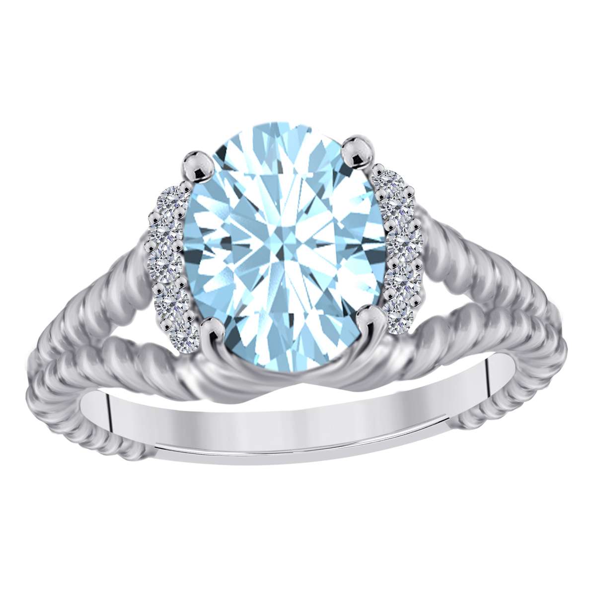 Mauli Jewels 1.85 Carat Diamond and Oval-Shaped Aquamarine Gemstone Split Shank Rope Design Ring in 10K White, Rose, and Yellow Gold Mauli Jewels