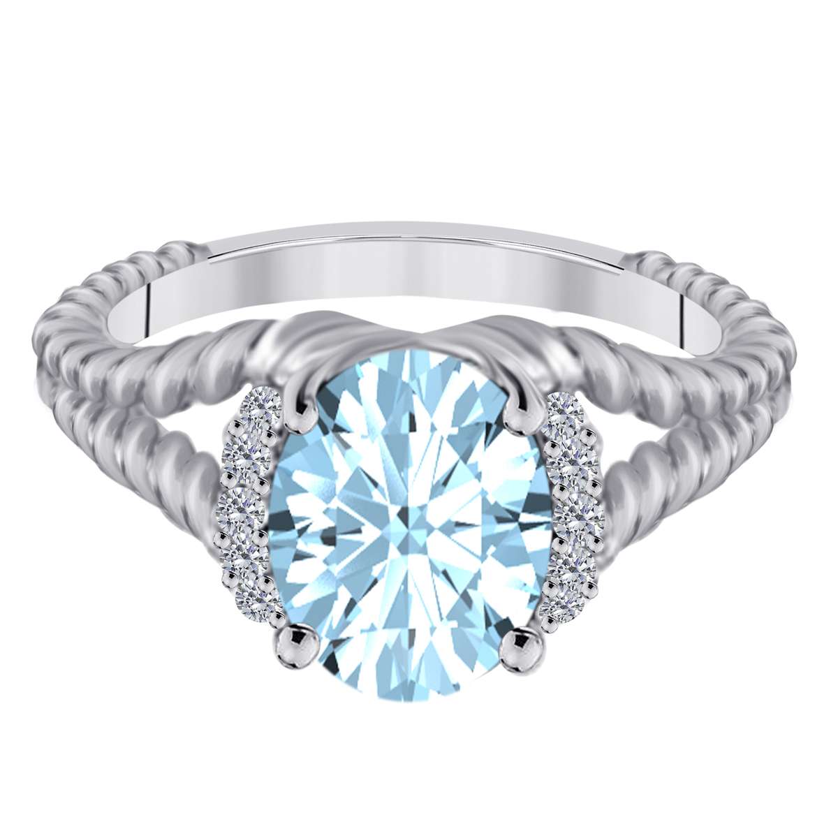 Mauli Jewels 1.85 Carat Diamond and Oval-Shaped Aquamarine Gemstone Split Shank Rope Design Ring in 10K White, Rose, and Yellow Gold Mauli Jewels