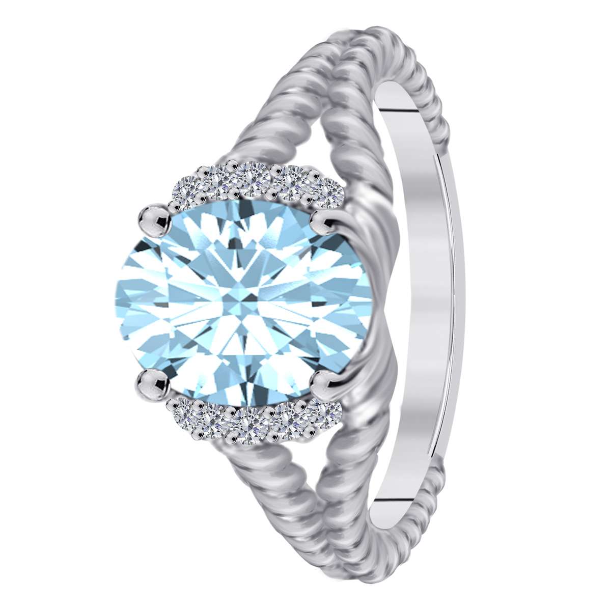 Mauli Jewels 1.85 Carat Diamond and Oval-Shaped Aquamarine Gemstone Split Shank Rope Design Ring in 10K White, Rose, and Yellow Gold Mauli Jewels