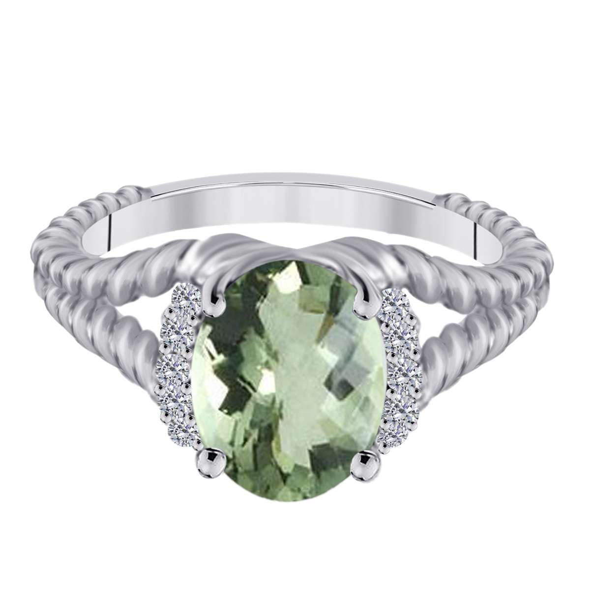 MAULIJEWELS 1.85 Carat Diamond and Oval Green Amethyst Gemstone Ring in 10K White, Rose, & Yellow Gold Mauli Jewels