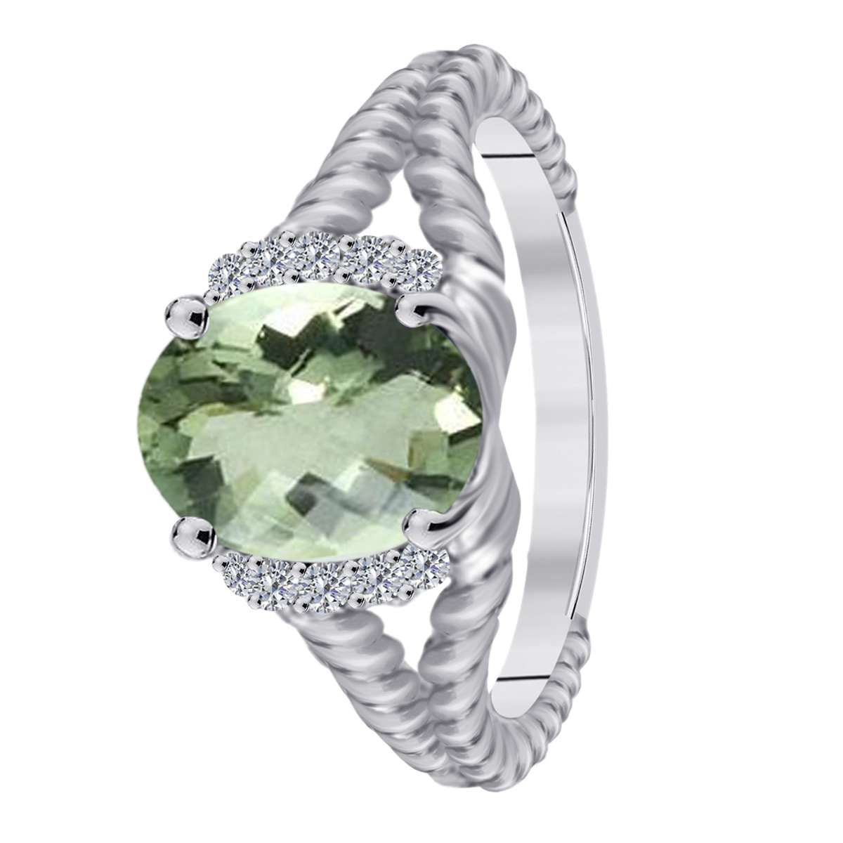 MAULIJEWELS 1.85 Carat Diamond and Oval Green Amethyst Gemstone Ring in 10K White, Rose, & Yellow Gold Mauli Jewels
