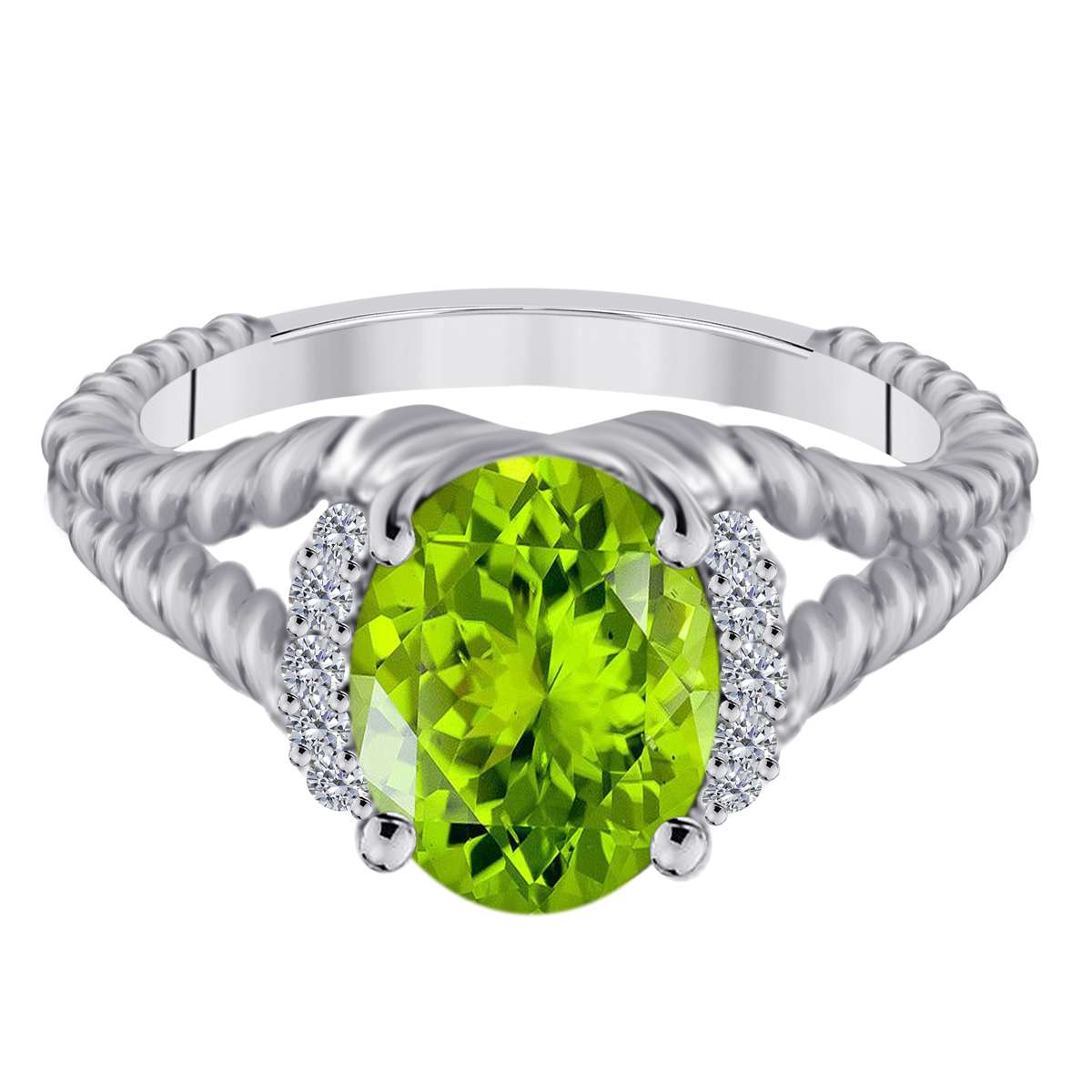 Mauli Jewels 1.85 Carat Diamond and Oval-Shaped Peridot Gemstone Split Shank Rope Design Ring in 10K White, Rose, and Yellow Gold Mauli Jewels