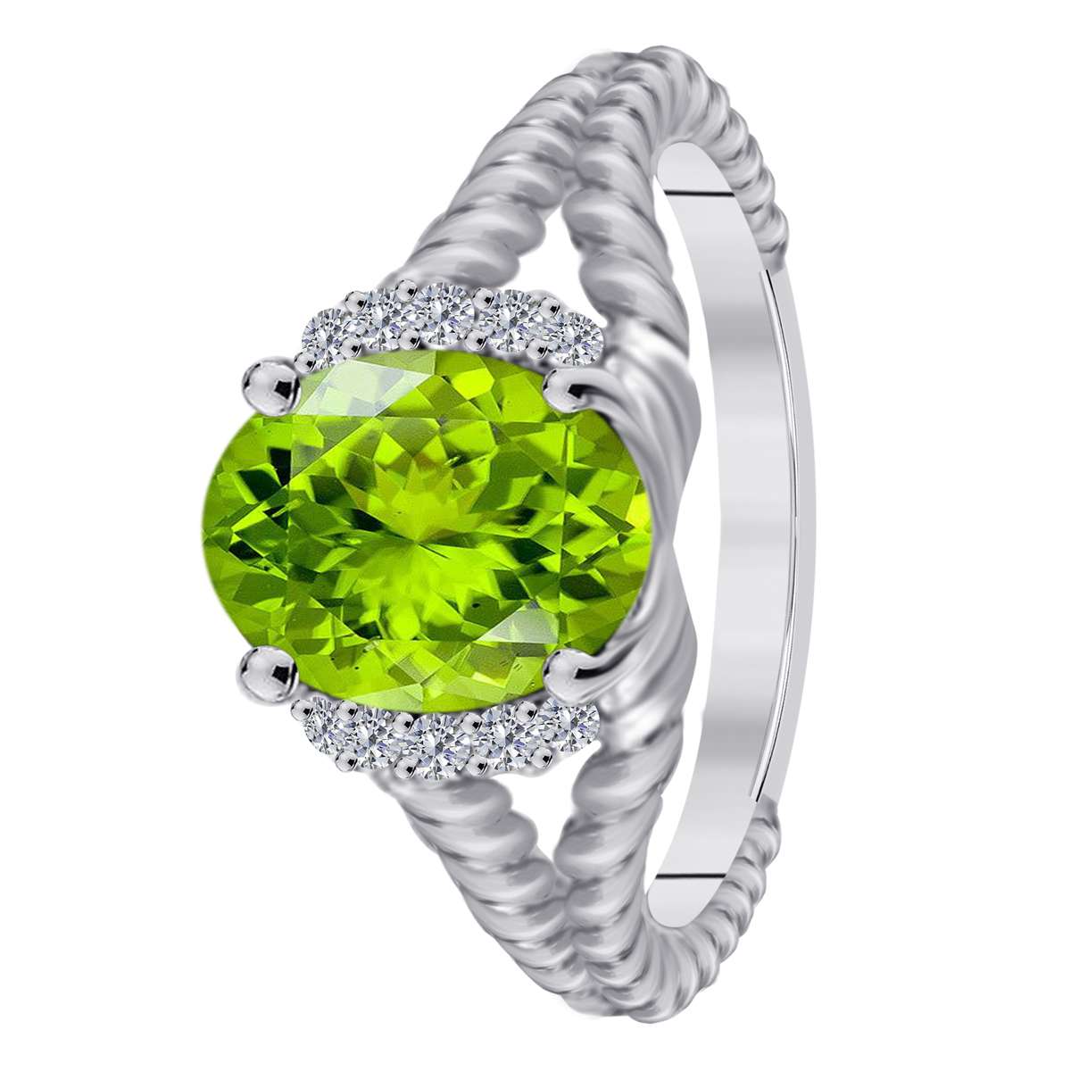 Mauli Jewels 1.85 Carat Diamond and Oval-Shaped Peridot Gemstone Split Shank Rope Design Ring in 10K White, Rose, and Yellow Gold Mauli Jewels
