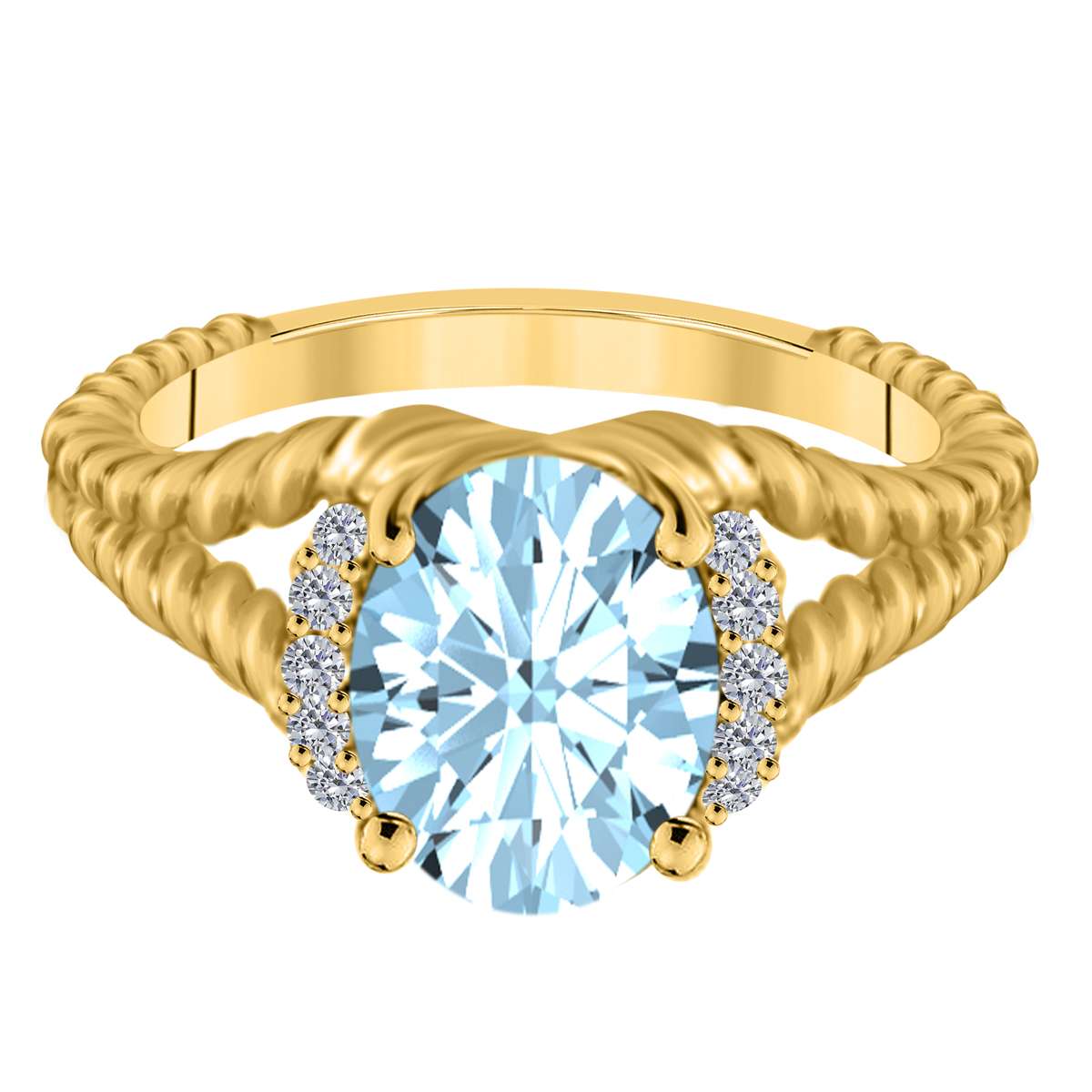 Mauli Jewels 1.85 Carat Diamond and Oval-Shaped Aquamarine Gemstone Split Shank Rope Design Ring in 10K White, Rose, and Yellow Gold Mauli Jewels