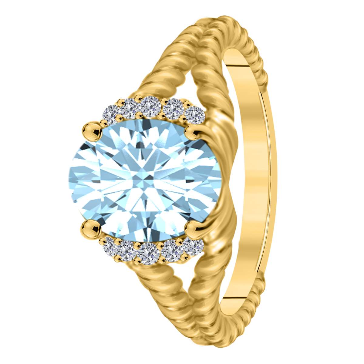 Mauli Jewels 1.85 Carat Diamond and Oval-Shaped Aquamarine Gemstone Split Shank Rope Design Ring in 10K White, Rose, and Yellow Gold Mauli Jewels