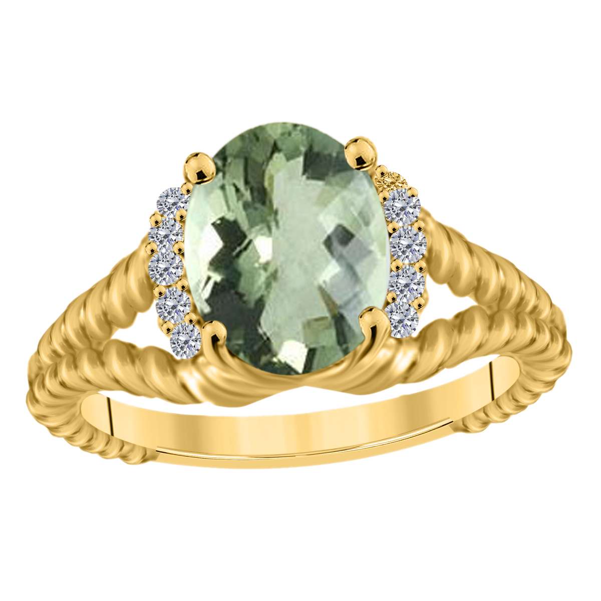 MAULIJEWELS 1.85 Carat Diamond and Oval Green Amethyst Gemstone Ring in 10K White, Rose, & Yellow Gold Mauli Jewels